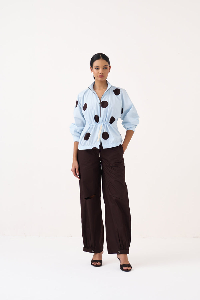 Drawstring Polka Top Co-Ord-Ice Blue & Cocoa Brown 100% cotton poplin co-ord set by THREE in ice blue for women in Singapore