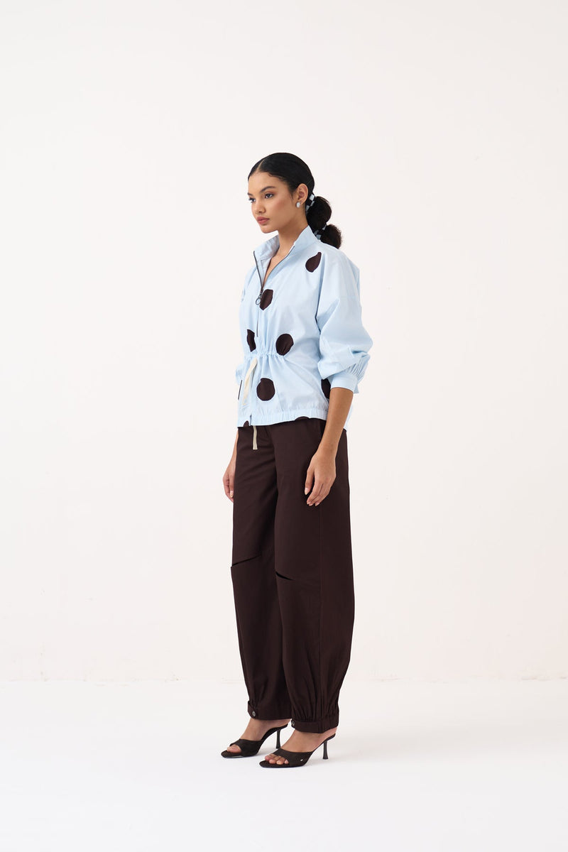 Drawstring Polka Top-Ice Blue & Cocoa Brown  100% cotton poplin top/shirt by THREE in ice blue for women in Singapore