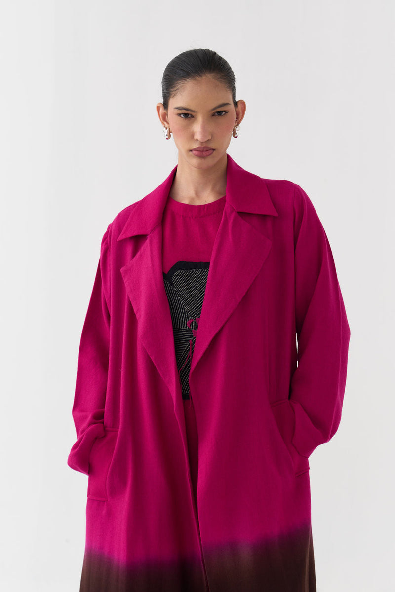 Dip Dye Woollen Trench-Fuchsia / Dark Brown merino wool jacket/overlay by THREE in fuchsia / brown for women in Singapore