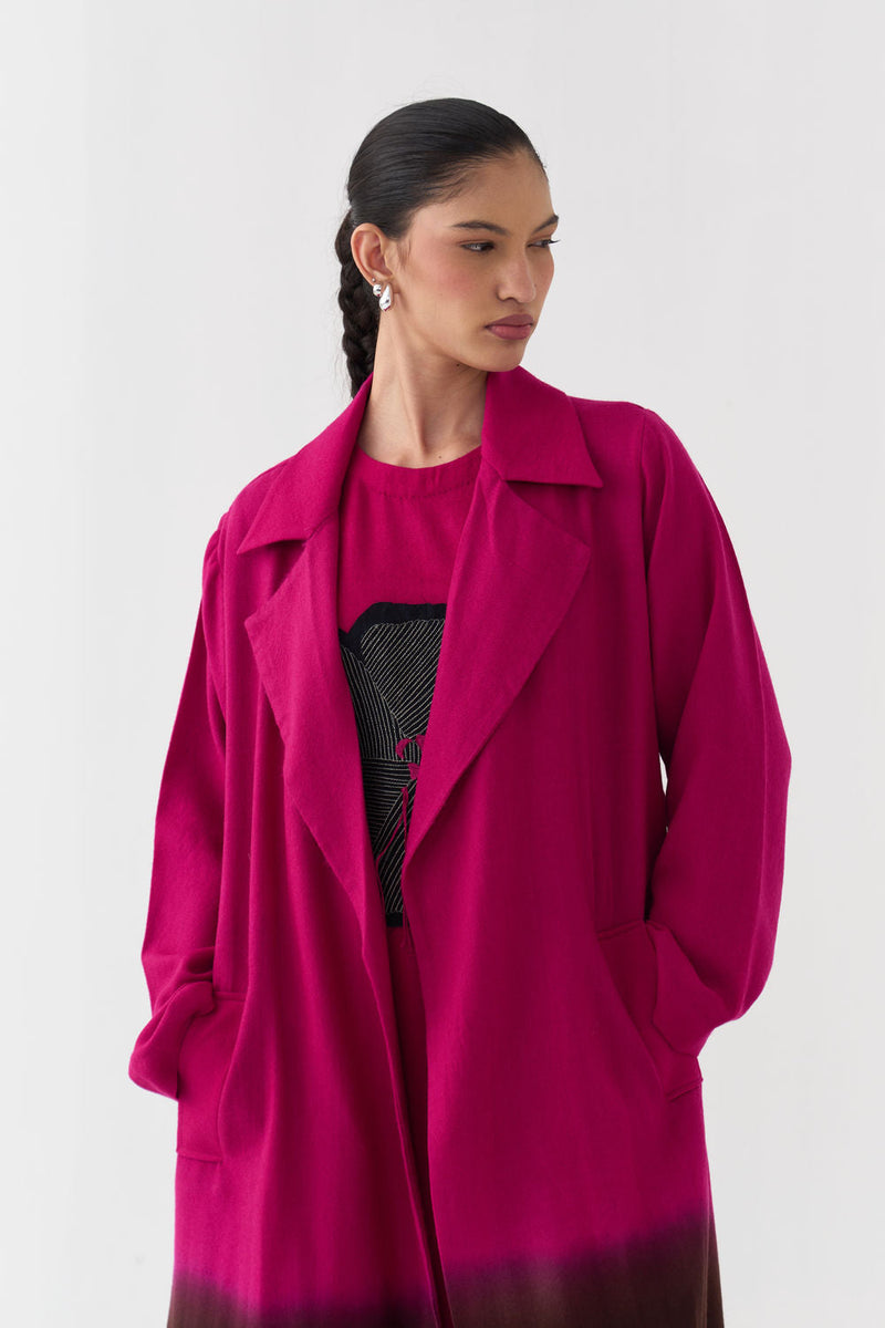 Dip Dye Woollen Trench-Fuchsia / Dark Brown merino wool jacket/overlay by THREE in fuchsia / brown for women in Singapore