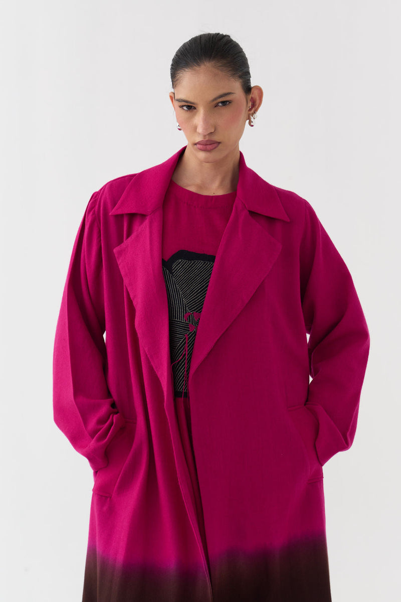 Dip Dye Woollen Trench-Fuchsia / Dark Brown merino wool jacket/overlay by THREE in fuchsia / brown for women in Singapore