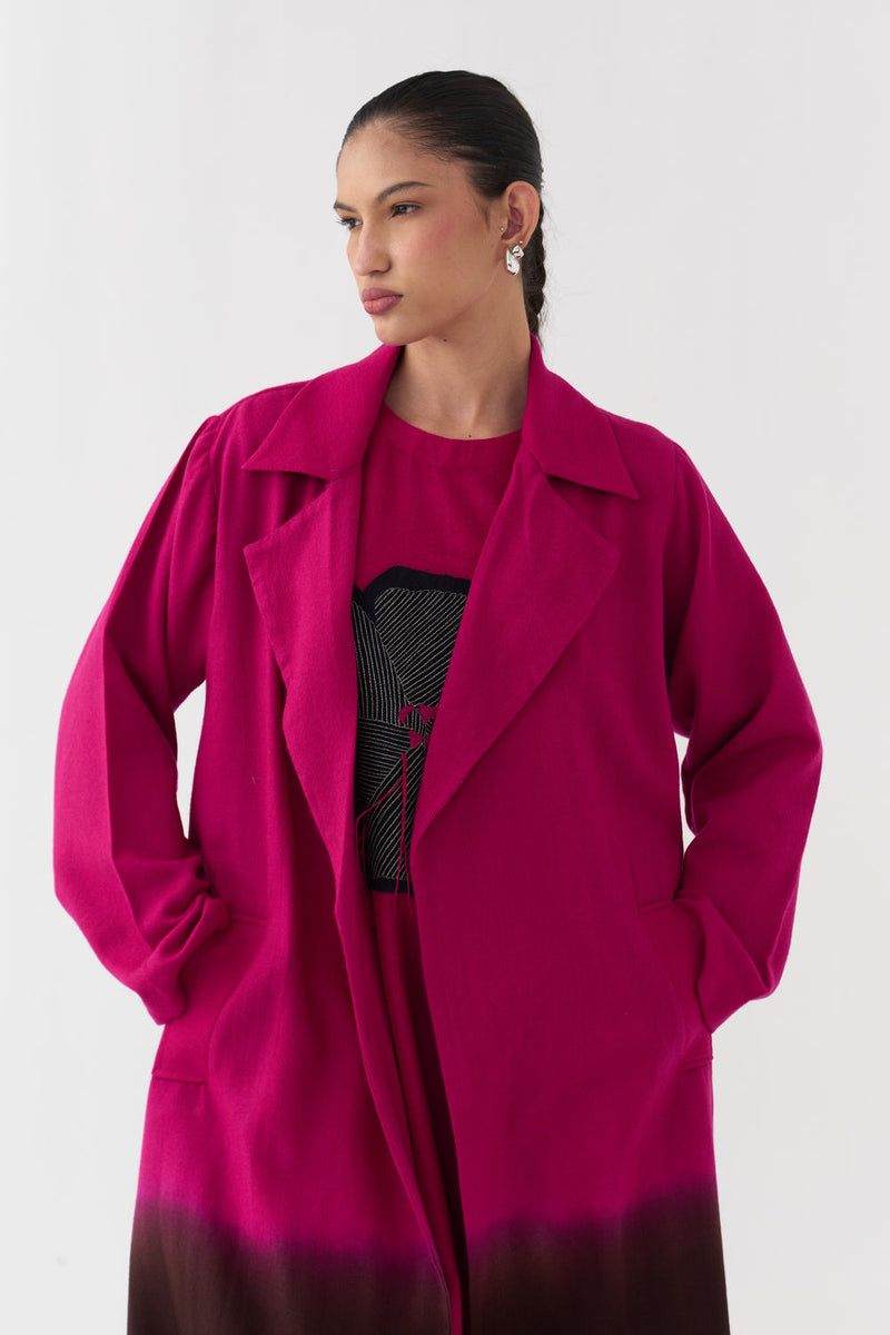 Dip Dye Woollen Trench-Fuchsia / Dark Brown merino wool jacket/overlay by THREE in fuchsia / brown for women in Singapore