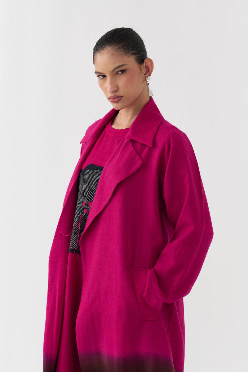 Dip Dye Woollen Trench-Fuchsia / Dark Brown merino wool jacket/overlay by THREE in fuchsia / brown for women in Singapore