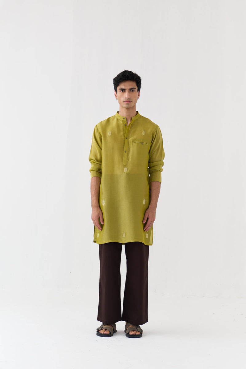 Hand Emb. Detail Kurta tissue kurta/kurta set by THREE Men in yellow for men in Singapore