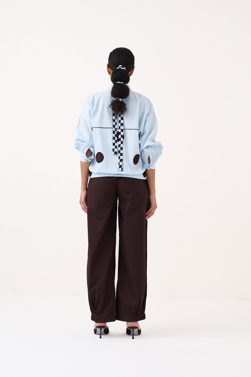 Drawstring Polka Top-Ice Blue & Cocoa Brown  100% cotton poplin top/shirt by THREE in ice blue for women in Singapore