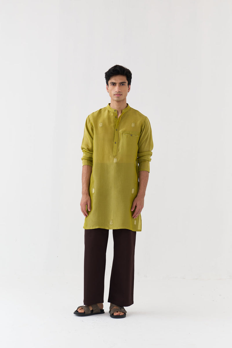 Hand Emb. Detail Kurta tissue kurta/kurta set by THREE Men in yellow for men in Singapore
