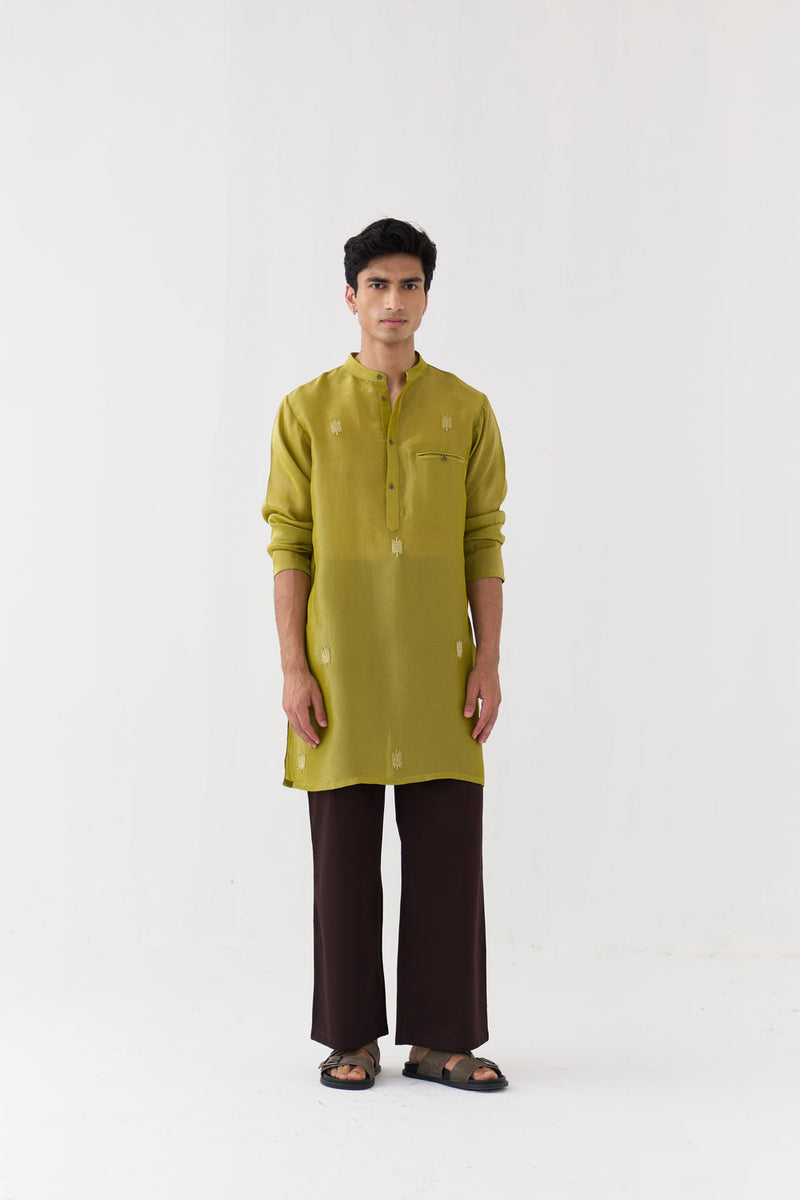 Hand Emb. Detail Kurta Co-Ord tissue,poplin co-ord set by THREE Men in yellow,brown for men in Singapore