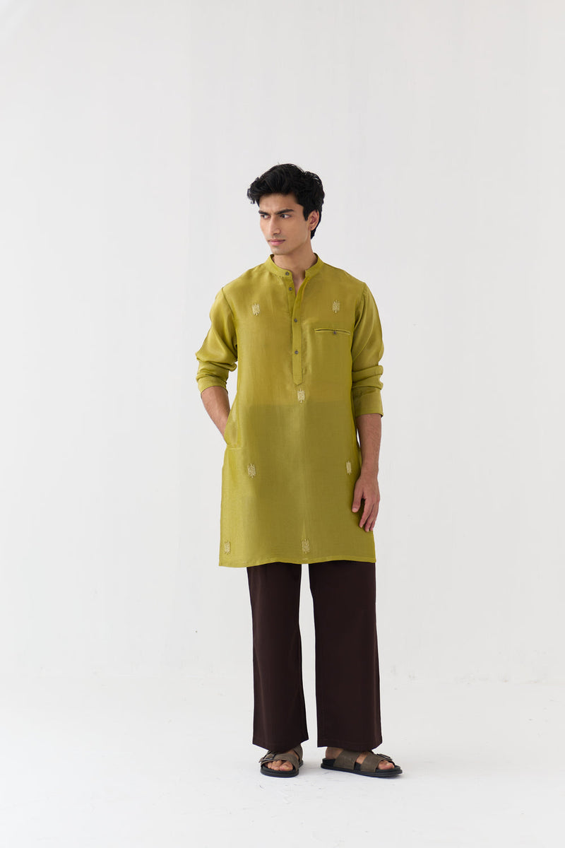 Hand Emb. Detail Kurta Co-Ord tissue,poplin co-ord set by THREE Men in yellow,brown for men in Singapore