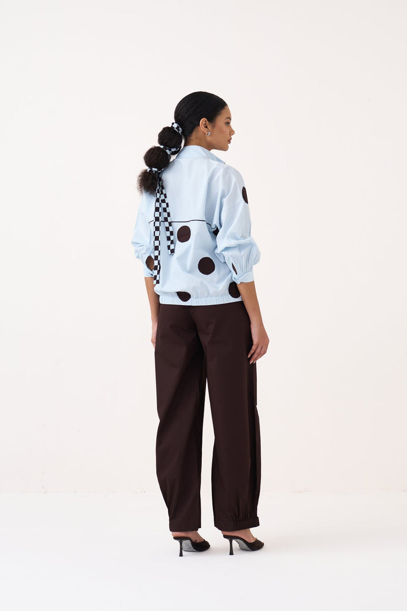 Drawstring Polka Top Co-Ord-Ice Blue & Cocoa Brown 100% cotton poplin co-ord set by THREE in ice blue for women in Singapore