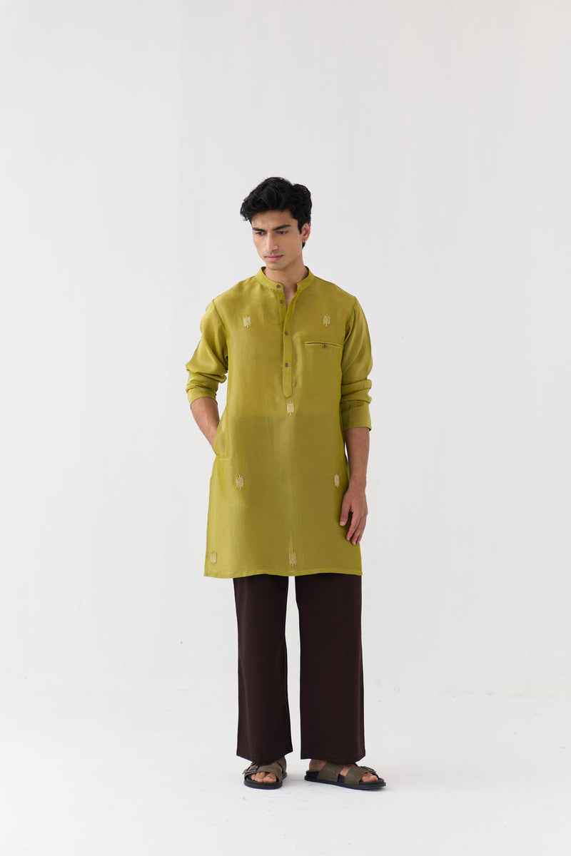 Hand Emb. Detail Kurta Co-Ord tissue,poplin co-ord set by THREE Men in yellow,brown for men in Singapore
