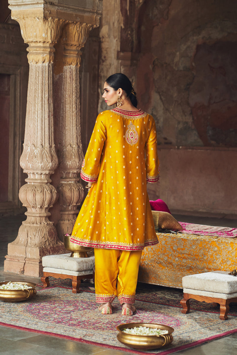 HAFSA - MUSTARD CHAUGA WITH SALWAR chanderi silk kurta/kurta set by SHEETAL BATRA in mustard for women in Singapore