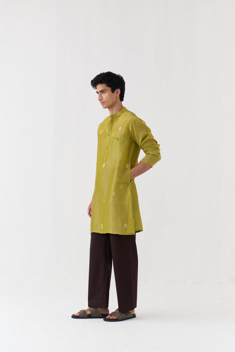Hand Emb. Detail Kurta tissue kurta/kurta set by THREE Men in yellow for men in Singapore
