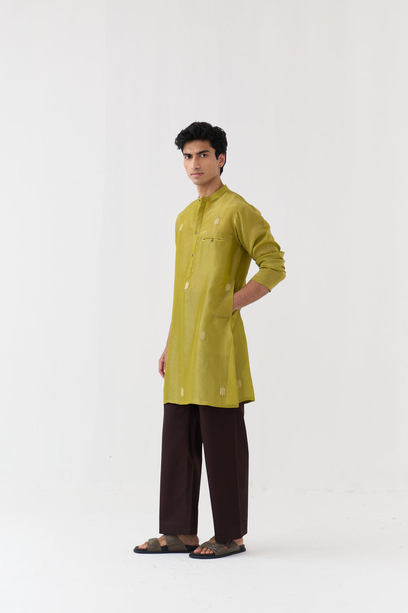 Hand Emb. Detail Kurta Co-Ord tissue,poplin co-ord set by THREE Men in yellow,brown for men in Singapore
