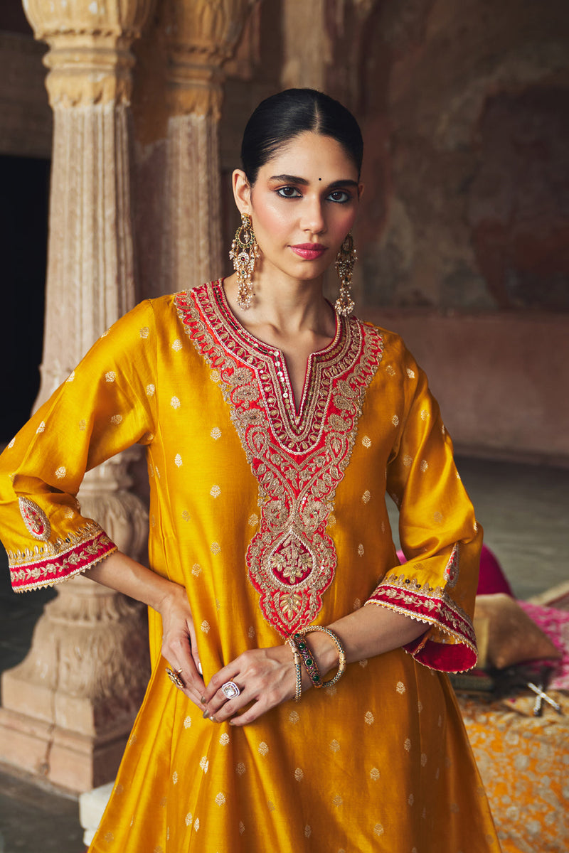 HAFSA - MUSTARD CHAUGA WITH SALWAR chanderi silk kurta/kurta set by SHEETAL BATRA in mustard for women in Singapore