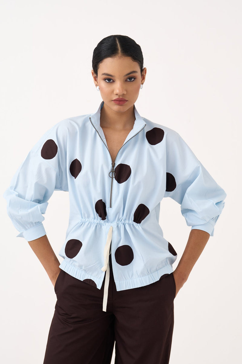 Drawstring Polka Top Co-Ord-Ice Blue & Cocoa Brown 100% cotton poplin co-ord set by THREE in ice blue for women in Singapore