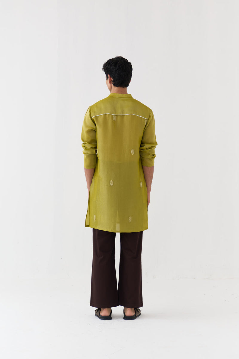 Hand Emb. Detail Kurta tissue kurta/kurta set by THREE Men in yellow for men in Singapore