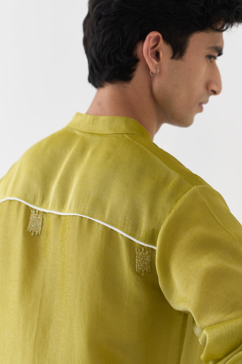 Hand Emb. Detail Kurta tissue kurta/kurta set by THREE Men in yellow for men in Singapore