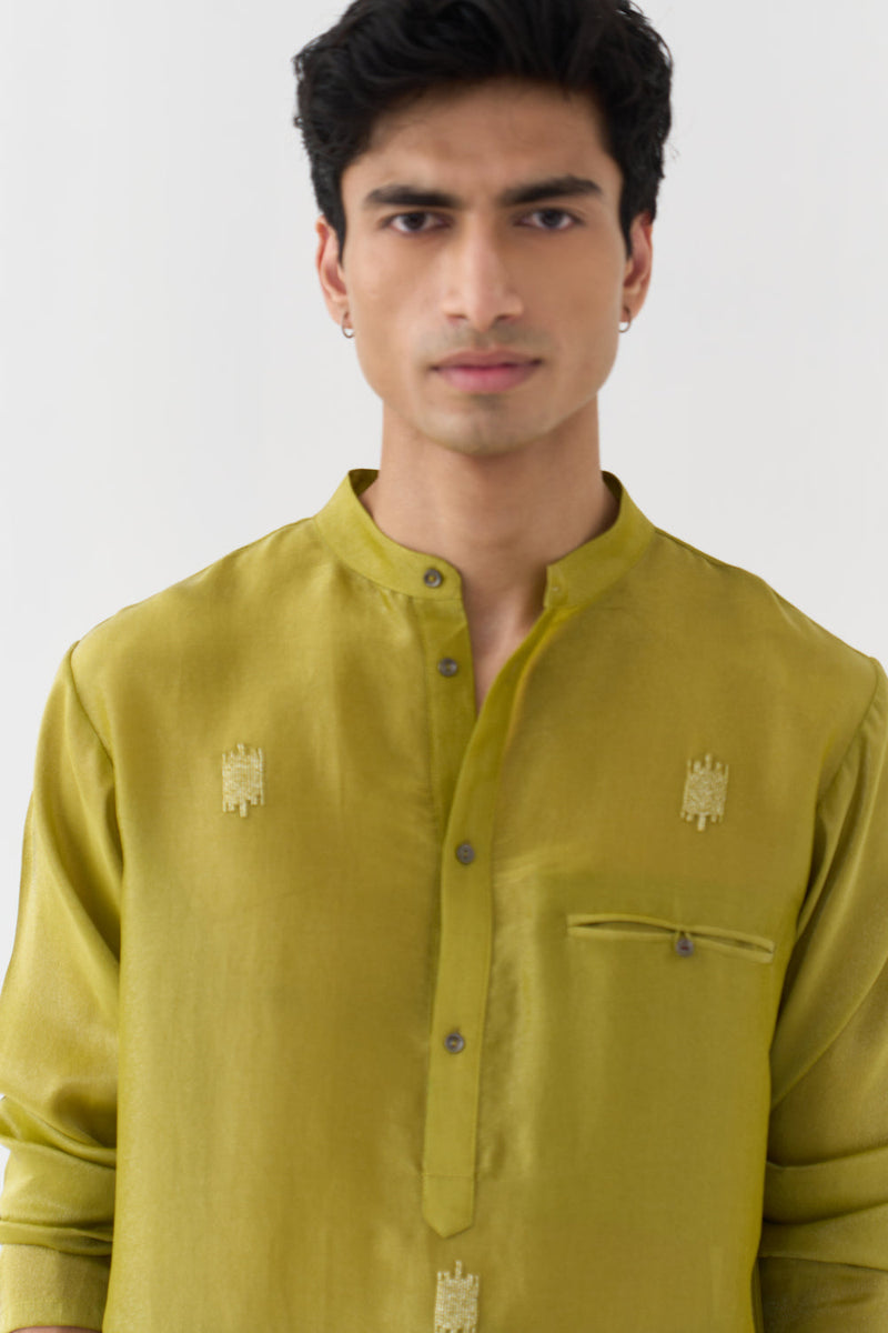 Hand Emb. Detail Kurta Co-Ord tissue,poplin co-ord set by THREE Men in yellow,brown for men in Singapore