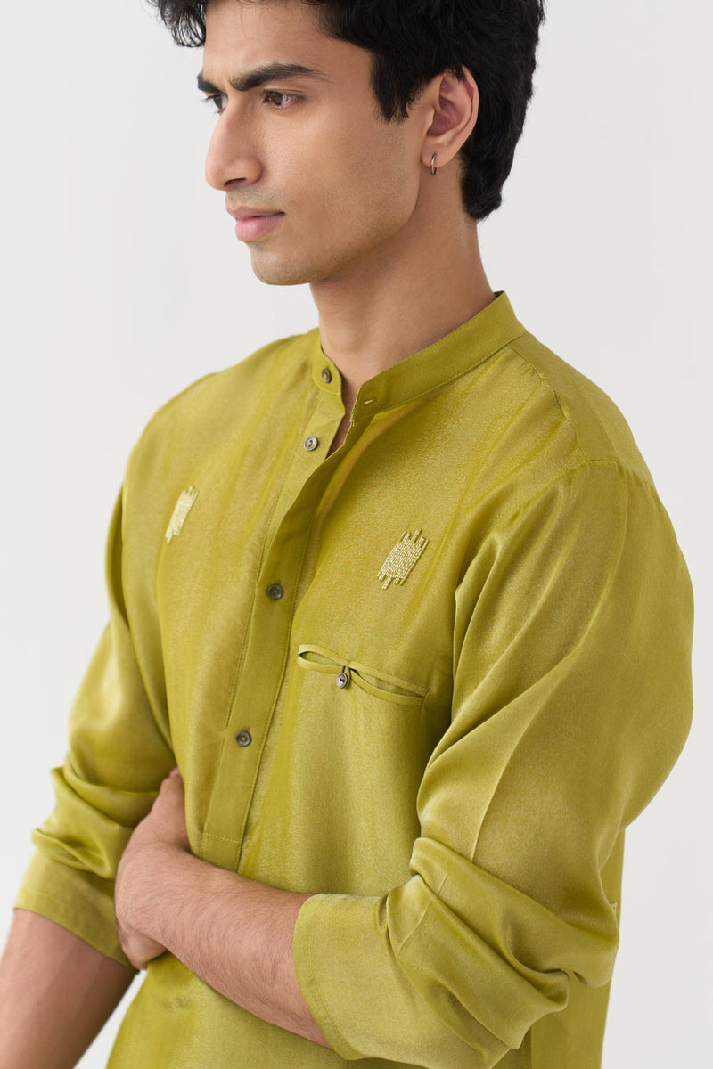 Hand Emb. Detail Kurta Co-Ord tissue,poplin co-ord set by THREE Men in yellow,brown for men in Singapore