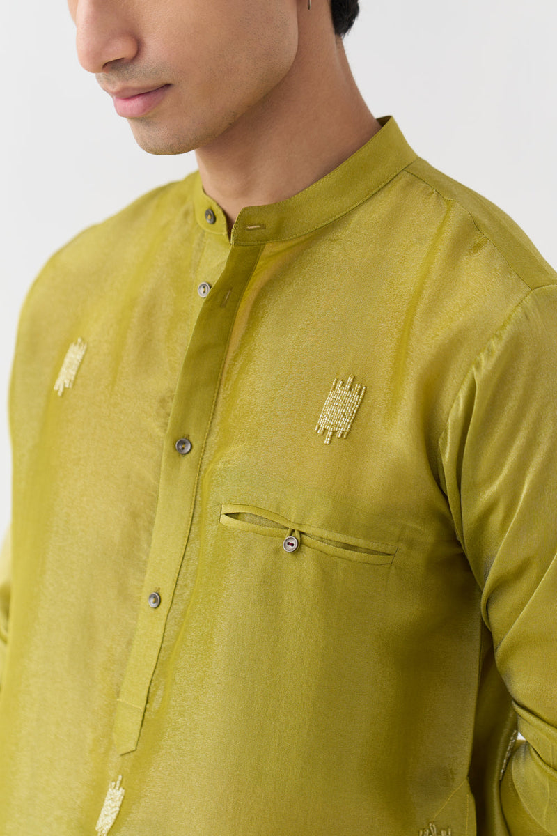 Hand Emb. Detail Kurta tissue kurta/kurta set by THREE Men in yellow for men in Singapore