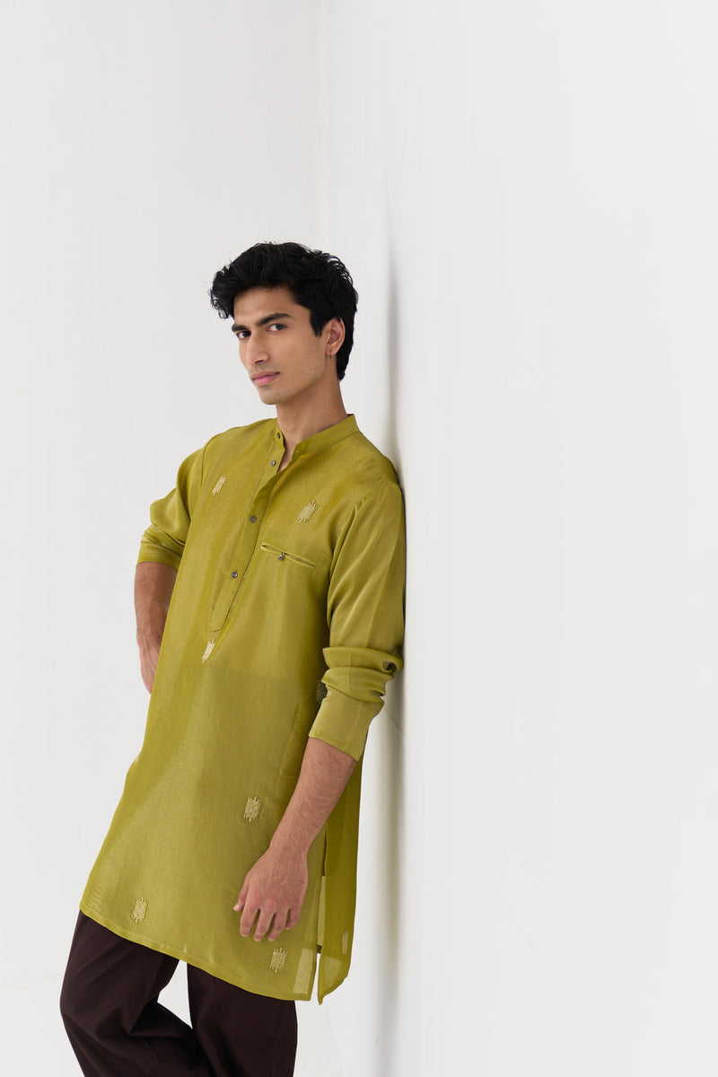 Hand Emb. Detail Kurta tissue kurta/kurta set by THREE Men in yellow for men in Singapore