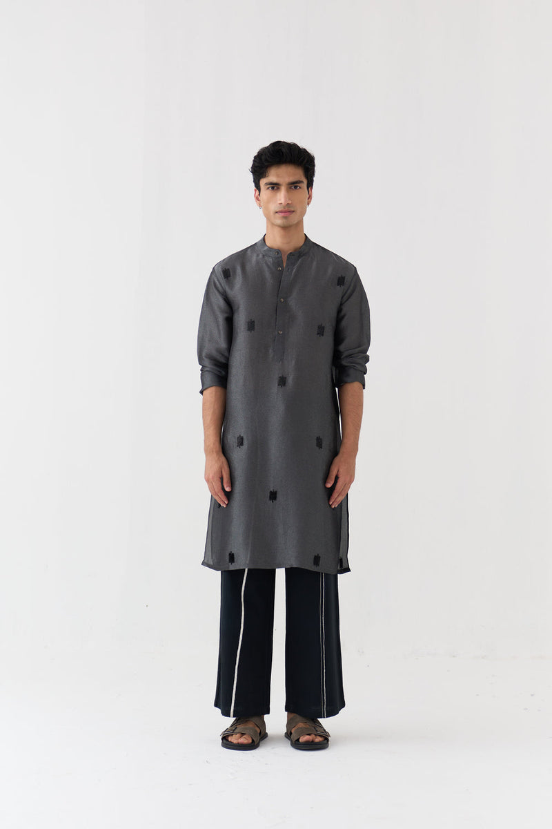 Hand Emb. Detail Kurta tissue shirt by THREE Men in black for men in Singapore