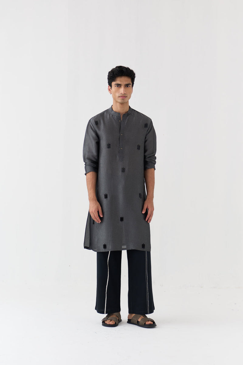 Hand Emb. Detail Kurta Co-Ord tissue,handwoven cotton co-ord set by THREE Men in black for men in Singapore