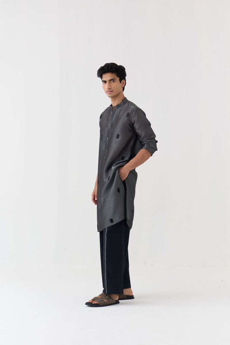 Hand Emb. Detail Kurta tissue shirt by THREE Men in black for men in Singapore