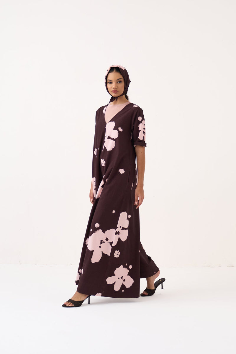 Floral Jumpsuit-Dark Brown Floral crushed cotton jumpsuit by THREE in dark brown for women in Singapore