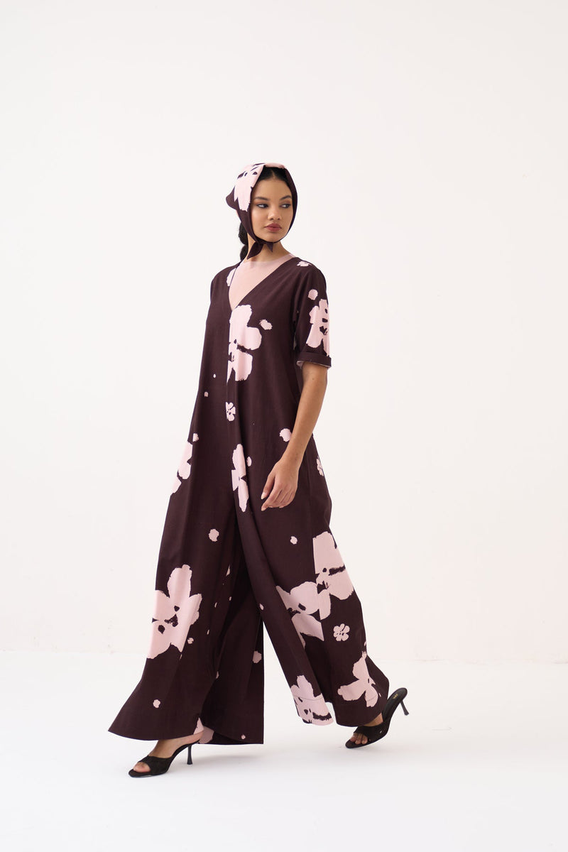 Floral Jumpsuit-Dark Brown Floral crushed cotton jumpsuit by THREE in dark brown for women in Singapore