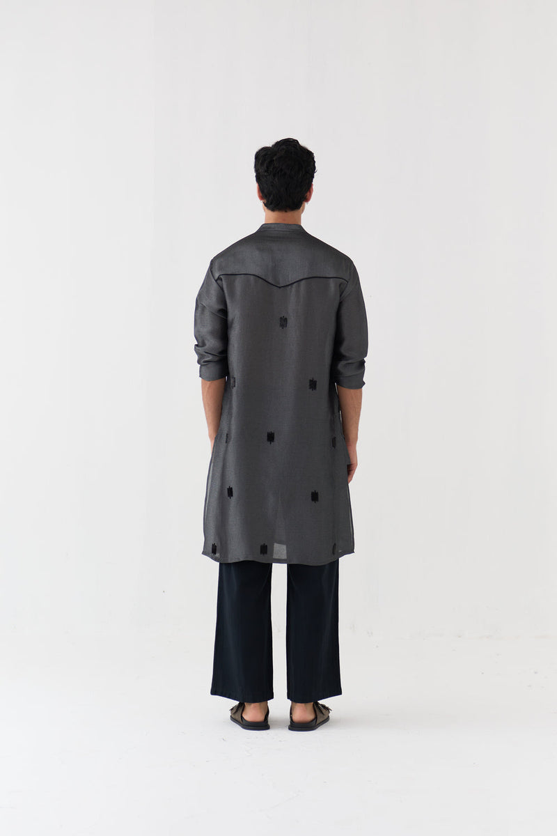 Hand Emb. Detail Kurta Co-Ord tissue,handwoven cotton co-ord set by THREE Men in black for men in Singapore