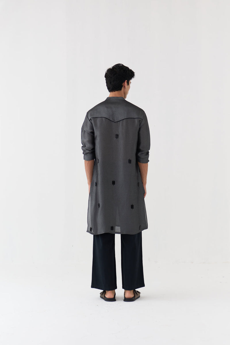 Hand Emb. Detail Kurta tissue shirt by THREE Men in black for men in Singapore