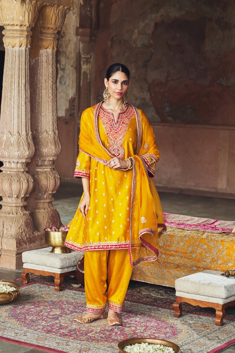 HAFSA - MUSTARD CHAUGA WITH SALWAR chanderi silk kurta/kurta set by SHEETAL BATRA in mustard for women in Singapore