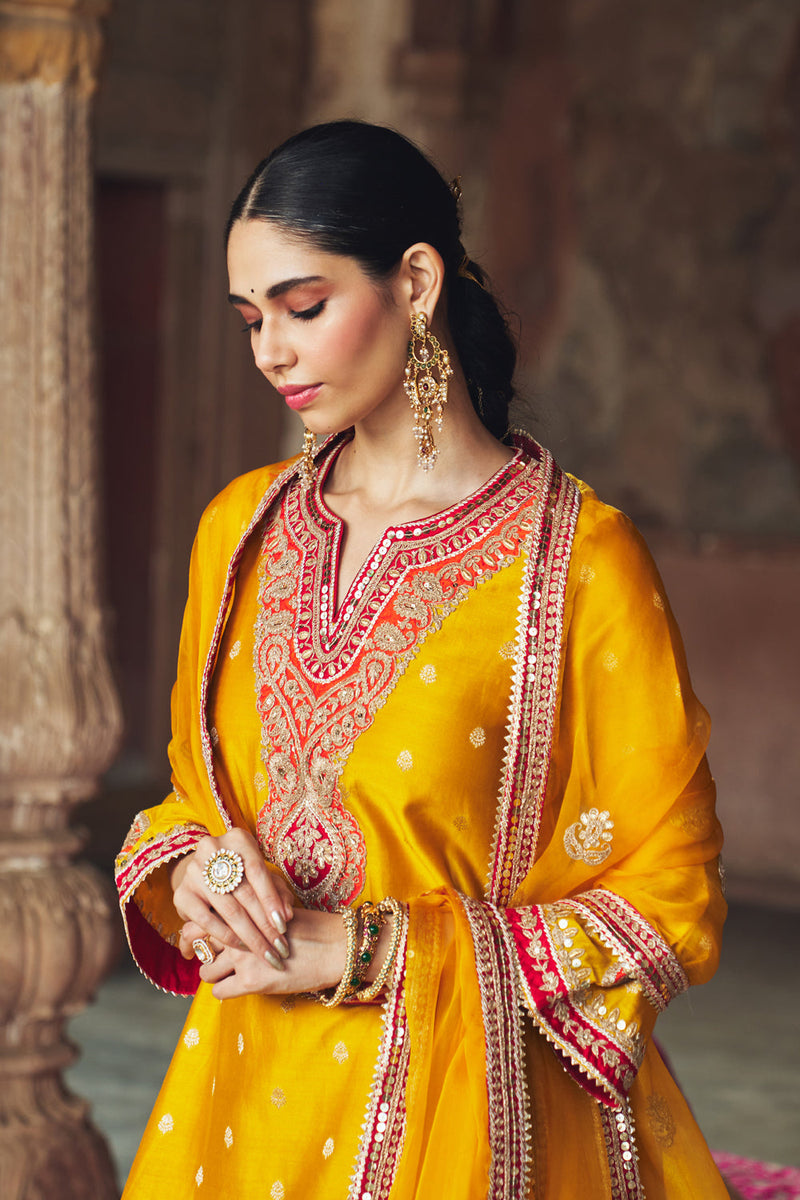 HAFSA - MUSTARD CHAUGA WITH SALWAR chanderi silk kurta/kurta set by SHEETAL BATRA in mustard for women in Singapore