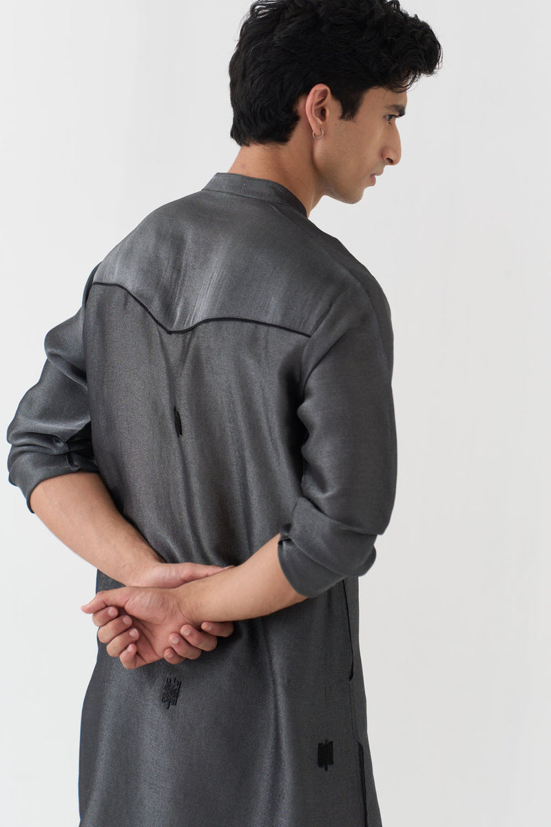 Hand Emb. Detail Kurta Co-Ord tissue,handwoven cotton co-ord set by THREE Men in black for men in Singapore