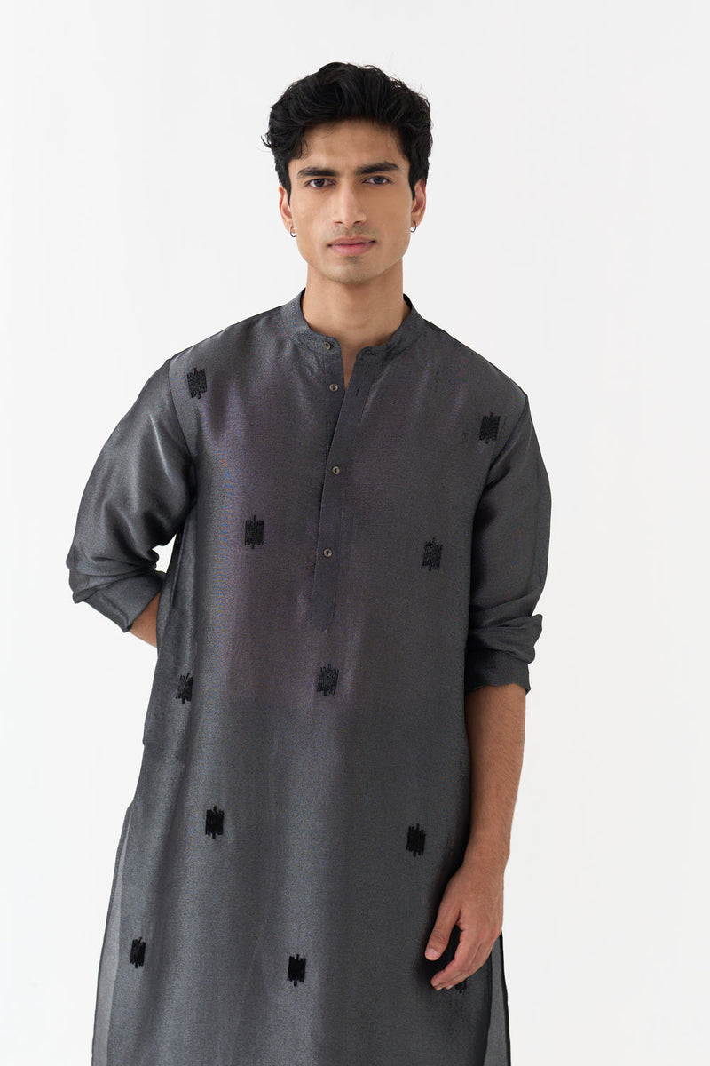 Hand Emb. Detail Kurta Co-Ord tissue,handwoven cotton co-ord set by THREE Men in black for men in Singapore