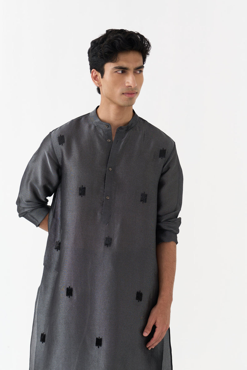 Hand Emb. Detail Kurta tissue shirt by THREE Men in black for men in Singapore