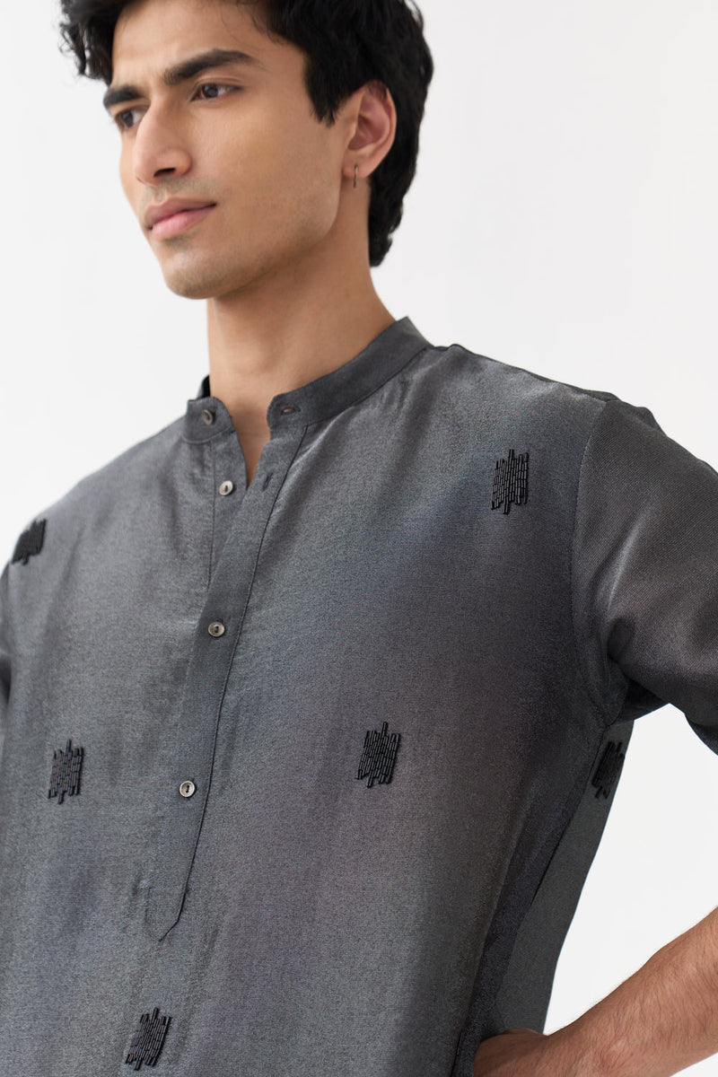 Hand Emb. Detail Kurta Co-Ord tissue,handwoven cotton co-ord set by THREE Men in black for men in Singapore