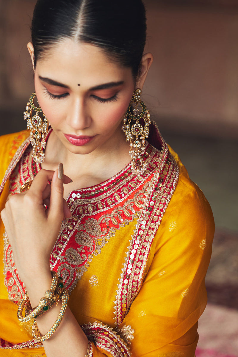 HAFSA - MUSTARD CHAUGA WITH SALWAR chanderi silk kurta/kurta set by SHEETAL BATRA in mustard for women in Singapore