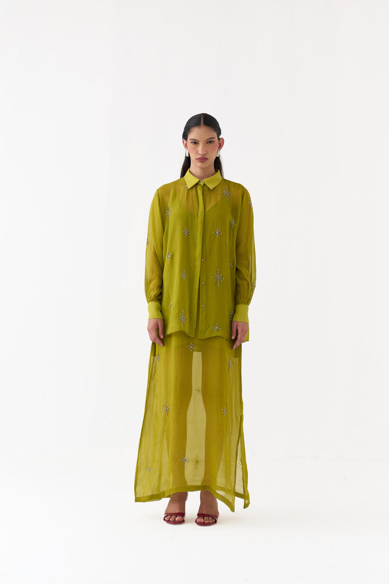 Hand Emb. Detail Shirt-Electric Lime organza top/shirt by THREE in yellow for women in Singapore