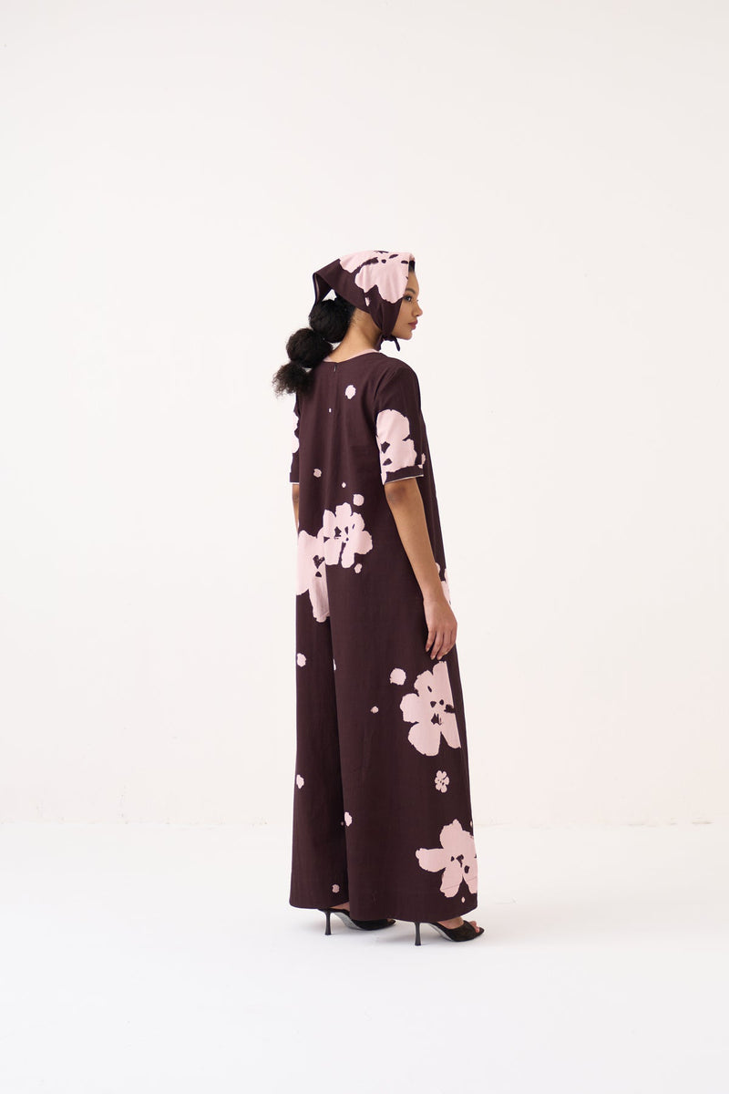 Floral Jumpsuit-Dark Brown Floral crushed cotton jumpsuit by THREE in dark brown for women in Singapore