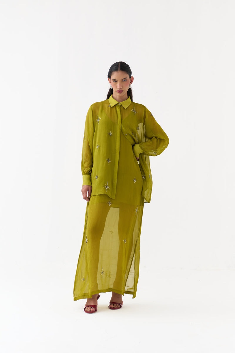 Hand Emb. Detail Shirt-Electric Lime organza top/shirt by THREE in yellow for women in Singapore