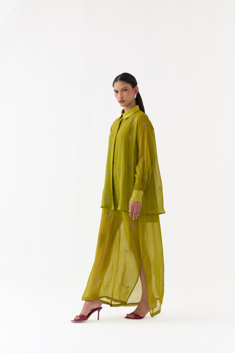 Hand Emb. Detail Shirt-Electric Lime organza top/shirt by THREE in yellow for women in Singapore