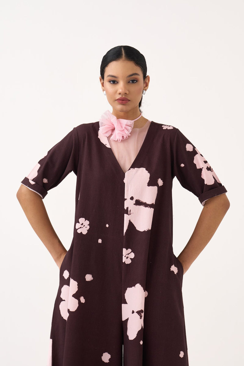 Floral Jumpsuit-Dark Brown Floral crushed cotton jumpsuit by THREE in dark brown for women in Singapore