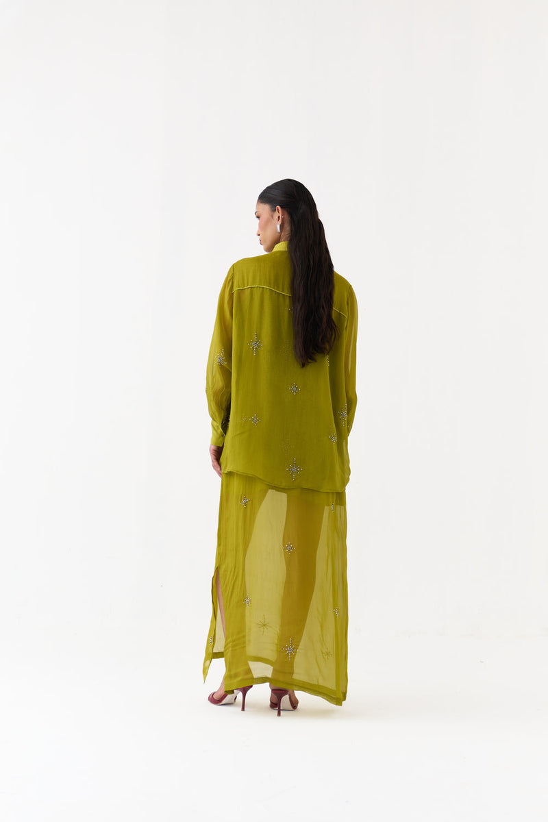 Hand Emb. Detail Shirt-Electric Lime organza top/shirt by THREE in yellow for women in Singapore