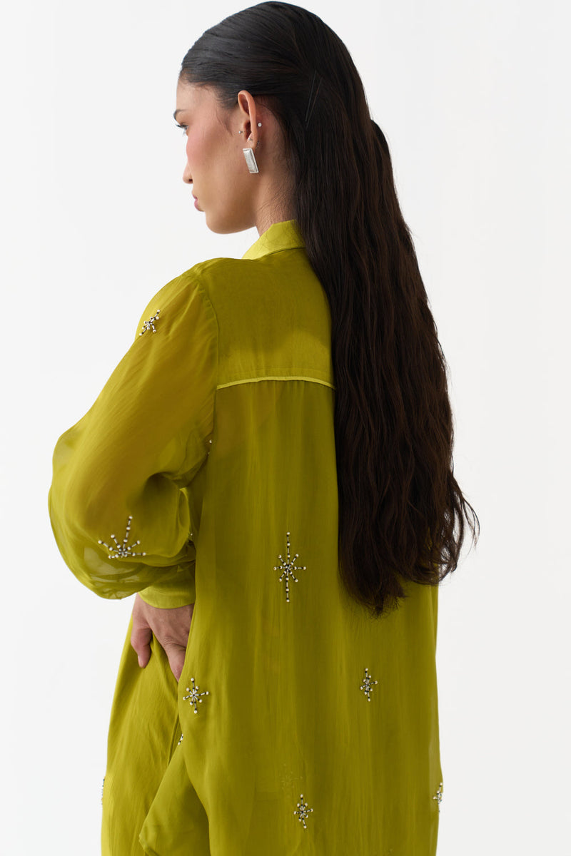 Hand Emb. Detail Shirt-Electric Lime organza top/shirt by THREE in yellow for women in Singapore