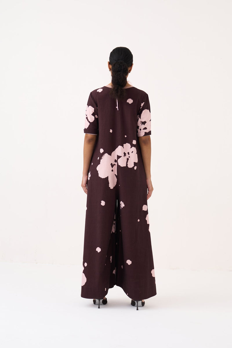 Floral Jumpsuit-Dark Brown Floral crushed cotton jumpsuit by THREE in dark brown for women in Singapore