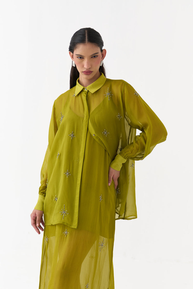 Hand Emb. Detail Shirt-Electric Lime organza top/shirt by THREE in yellow for women in Singapore