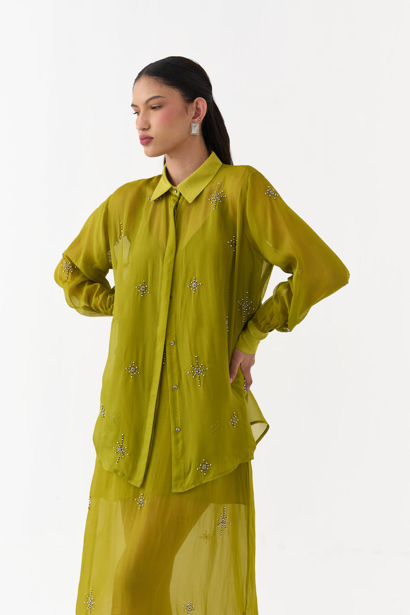 Hand Emb. Detail Shirt-Electric Lime organza top/shirt by THREE in yellow for women in Singapore