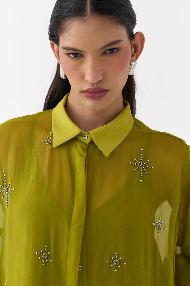 Hand Emb. Detail Shirt-Electric Lime organza top/shirt by THREE in yellow for women in Singapore